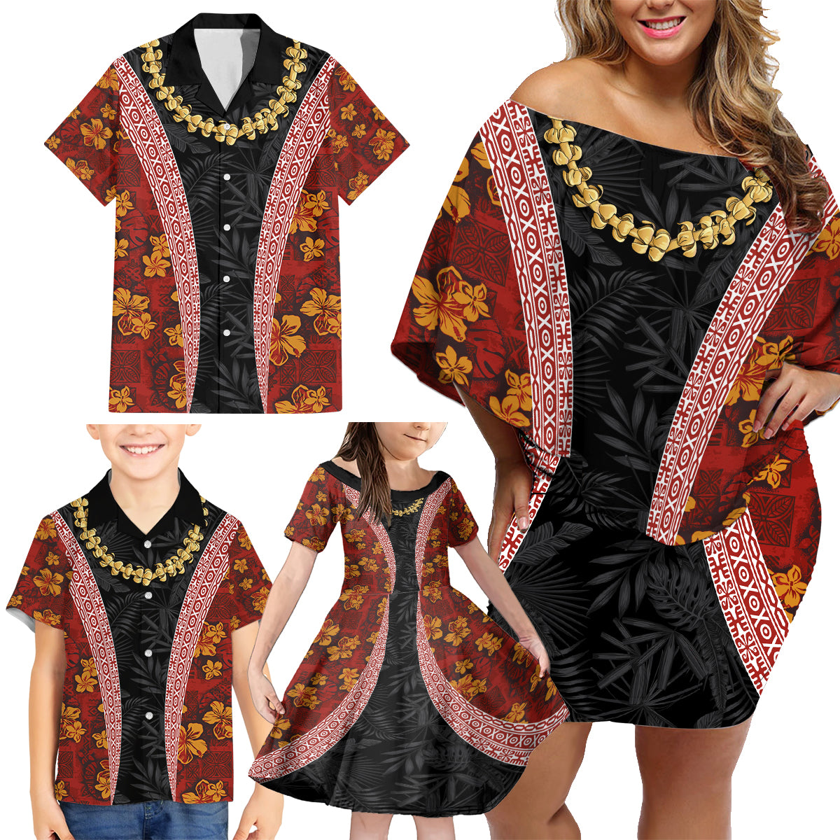 Hawaii Lei and Hibiscus Flowers Tribal Family Matching Off Shoulder Short Dress and Hawaiian Shirt Patchwork Abstract Vintage LT03 - Polynesian Pride
