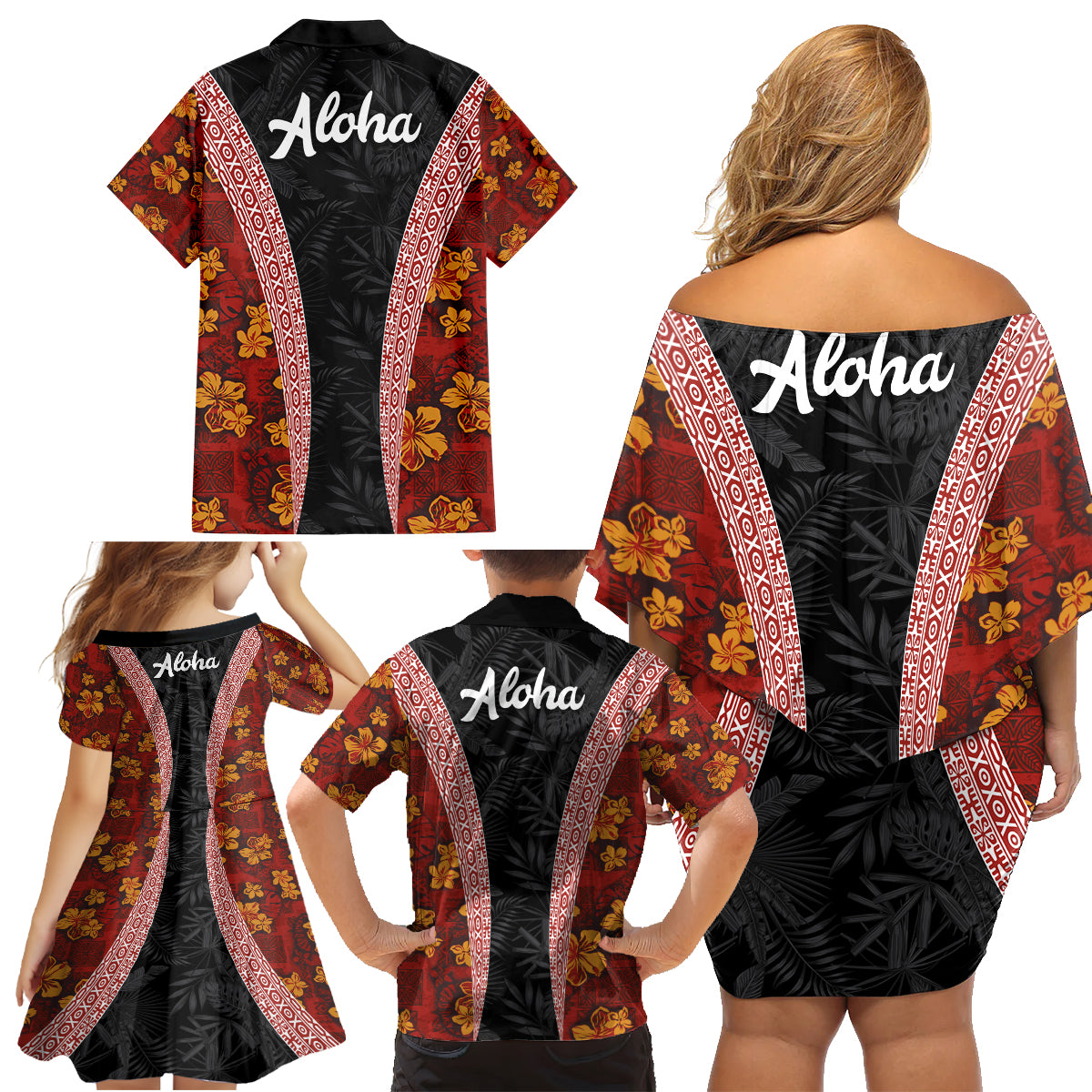 Hawaii Lei and Hibiscus Flowers Tribal Family Matching Off Shoulder Short Dress and Hawaiian Shirt Patchwork Abstract Vintage LT03 - Polynesian Pride