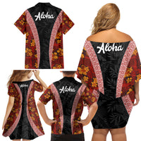 Hawaii Lei and Hibiscus Flowers Tribal Family Matching Off Shoulder Short Dress and Hawaiian Shirt Patchwork Abstract Vintage LT03 - Polynesian Pride