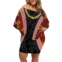 Hawaii Lei and Hibiscus Flowers Tribal Family Matching Off Shoulder Short Dress and Hawaiian Shirt Patchwork Abstract Vintage LT03 Mom's Dress Red - Polynesian Pride