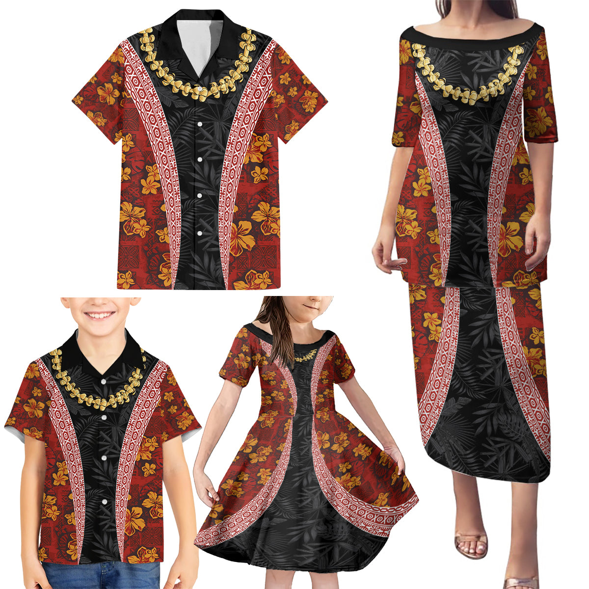 Hawaii Lei and Hibiscus Flowers Tribal Family Matching Puletasi and Hawaiian Shirt Patchwork Abstract Vintage LT03 - Polynesian Pride