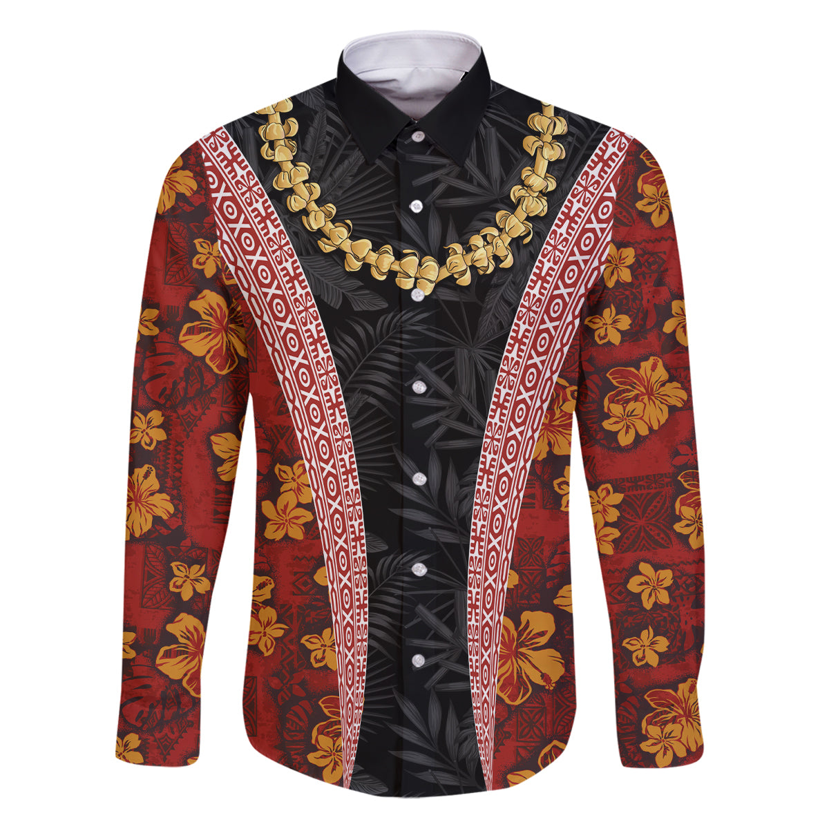 Hawaii Lei and Hibiscus Flowers Tribal Family Matching Puletasi and Hawaiian Shirt Patchwork Abstract Vintage LT03 Dad's Shirt - Long Sleeve Red - Polynesian Pride