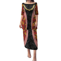 Hawaii Lei and Hibiscus Flowers Tribal Family Matching Puletasi and Hawaiian Shirt Patchwork Abstract Vintage LT03 Mom's Dress Red - Polynesian Pride