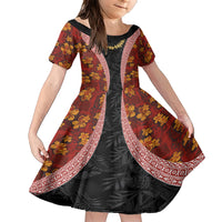 Hawaii Lei and Hibiscus Flowers Tribal Family Matching Short Sleeve Bodycon Dress and Hawaiian Shirt Patchwork Abstract Vintage LT03 Daughter's Dress Red - Polynesian Pride