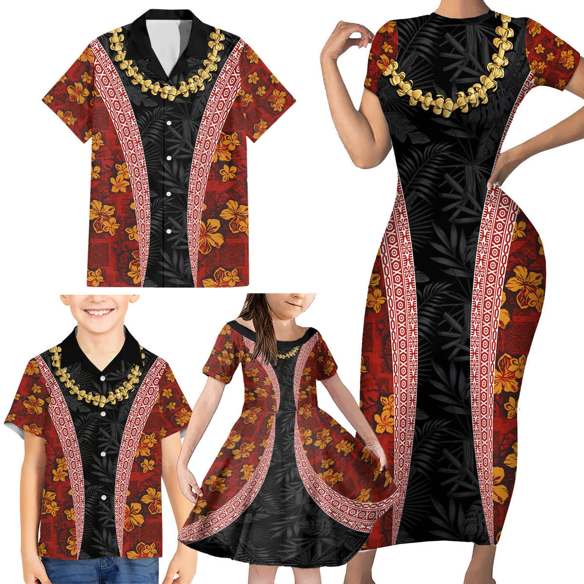 Hawaii Lei and Hibiscus Flowers Tribal Family Matching Short Sleeve Bodycon Dress and Hawaiian Shirt Patchwork Abstract Vintage LT03 - Polynesian Pride
