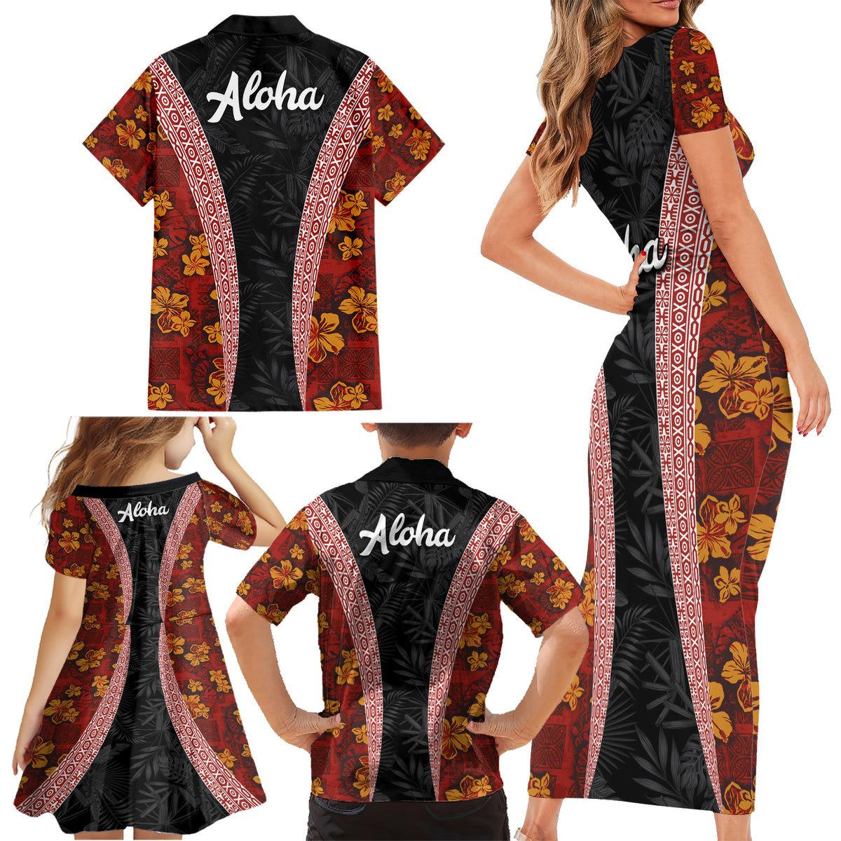 Hawaii Lei and Hibiscus Flowers Tribal Family Matching Short Sleeve Bodycon Dress and Hawaiian Shirt Patchwork Abstract Vintage LT03 - Polynesian Pride