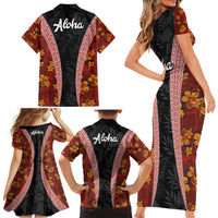 Hawaii Lei and Hibiscus Flowers Tribal Family Matching Short Sleeve Bodycon Dress and Hawaiian Shirt Patchwork Abstract Vintage LT03 - Polynesian Pride
