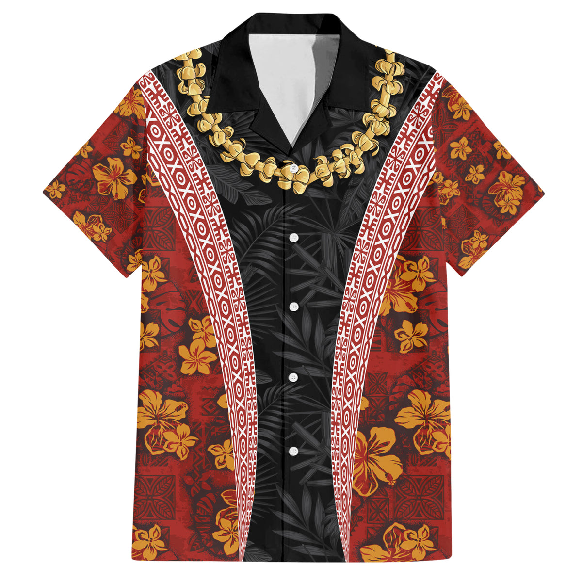 Hawaii Lei and Hibiscus Flowers Tribal Family Matching Short Sleeve Bodycon Dress and Hawaiian Shirt Patchwork Abstract Vintage LT03 Dad's Shirt - Short Sleeve Red - Polynesian Pride