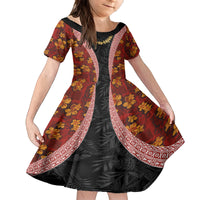 Hawaii Lei and Hibiscus Flowers Tribal Family Matching Summer Maxi Dress and Hawaiian Shirt Patchwork Abstract Vintage LT03 Daughter's Dress Red - Polynesian Pride