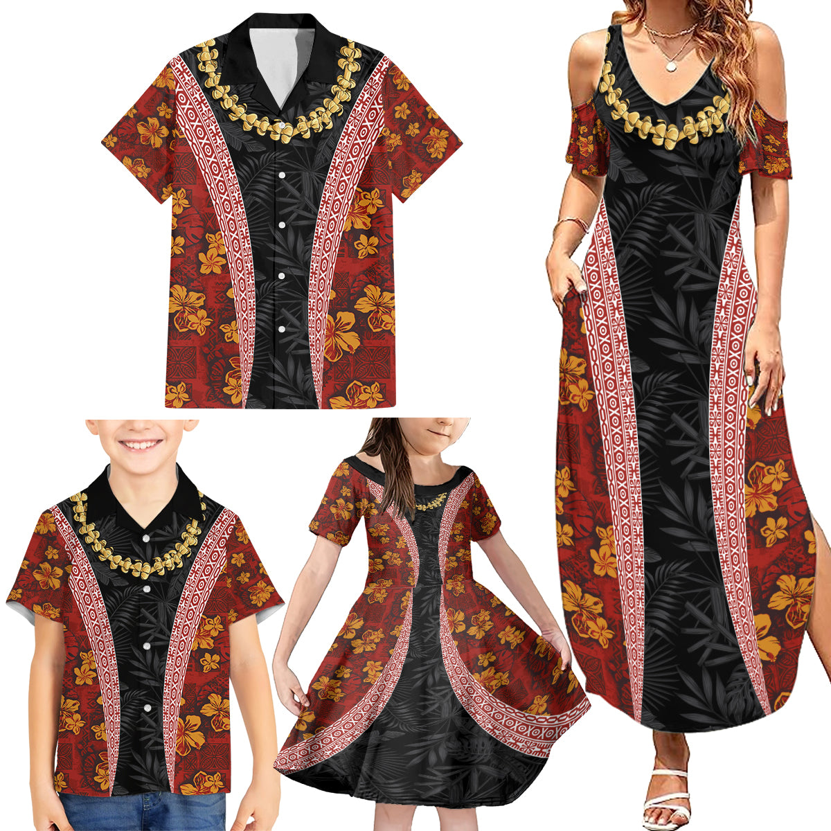Hawaii Lei and Hibiscus Flowers Tribal Family Matching Summer Maxi Dress and Hawaiian Shirt Patchwork Abstract Vintage LT03 - Polynesian Pride