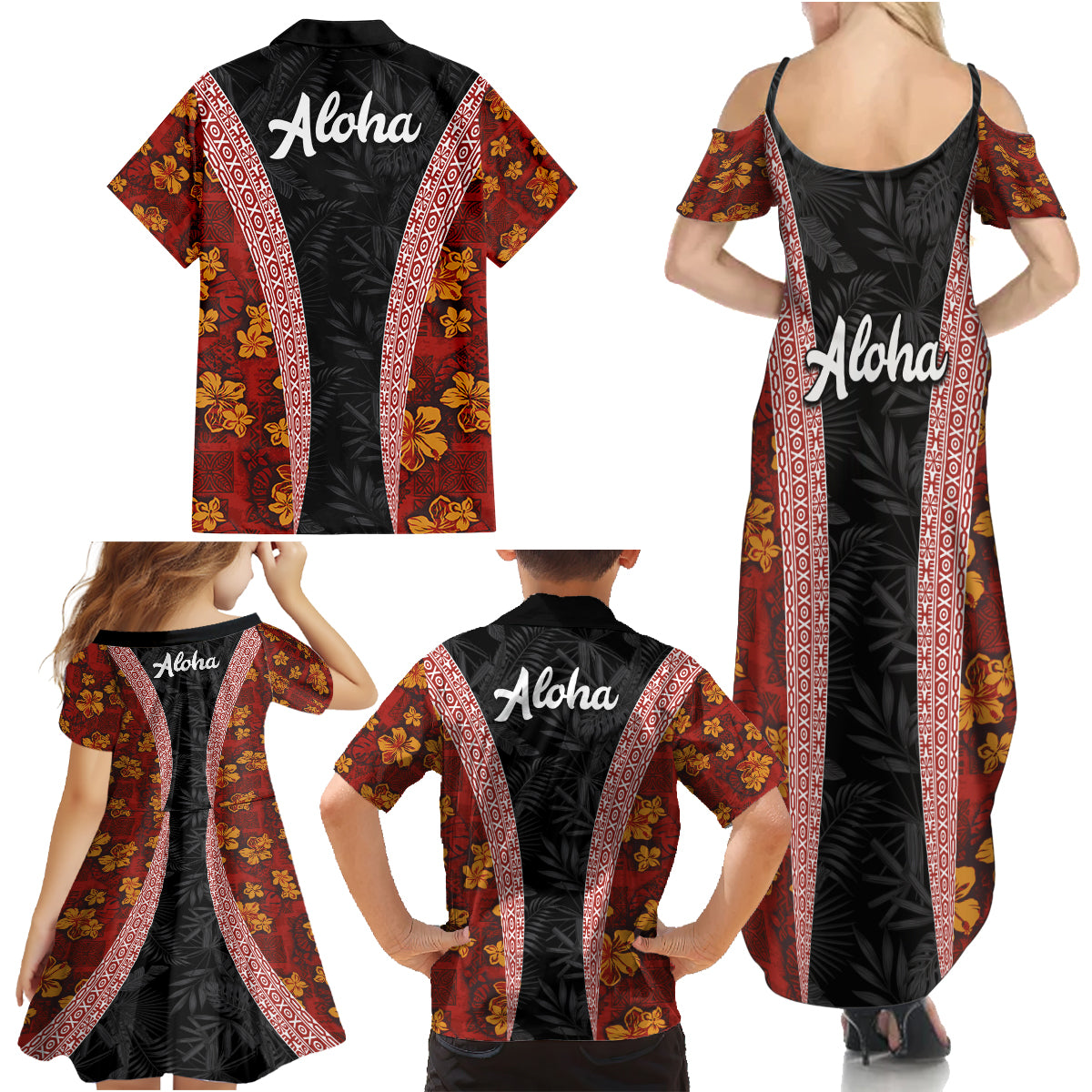 Hawaii Lei and Hibiscus Flowers Tribal Family Matching Summer Maxi Dress and Hawaiian Shirt Patchwork Abstract Vintage LT03 - Polynesian Pride