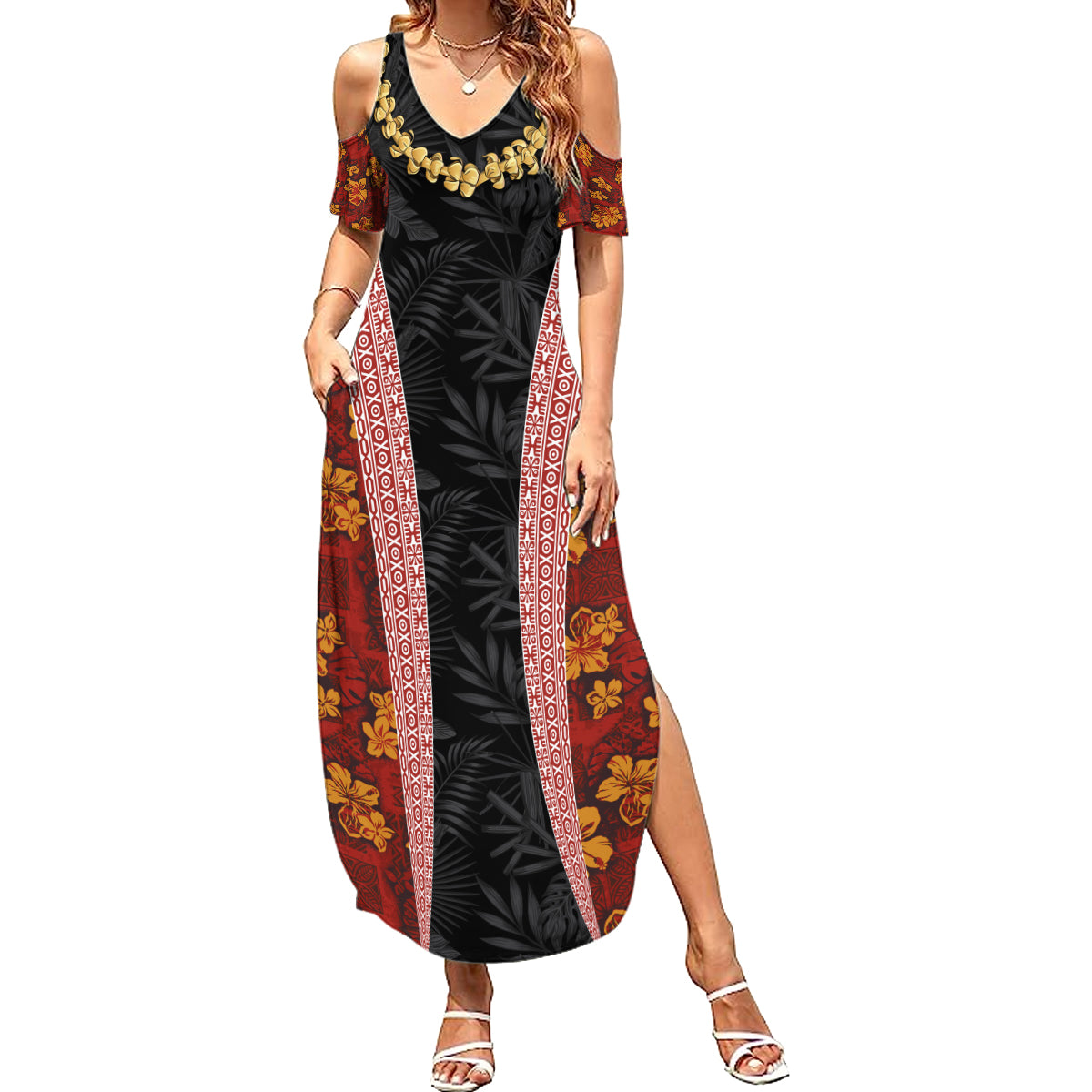Hawaii Lei and Hibiscus Flowers Tribal Family Matching Summer Maxi Dress and Hawaiian Shirt Patchwork Abstract Vintage LT03 Mom's Dress Red - Polynesian Pride