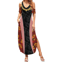 Hawaii Lei and Hibiscus Flowers Tribal Family Matching Summer Maxi Dress and Hawaiian Shirt Patchwork Abstract Vintage LT03 Mom's Dress Red - Polynesian Pride
