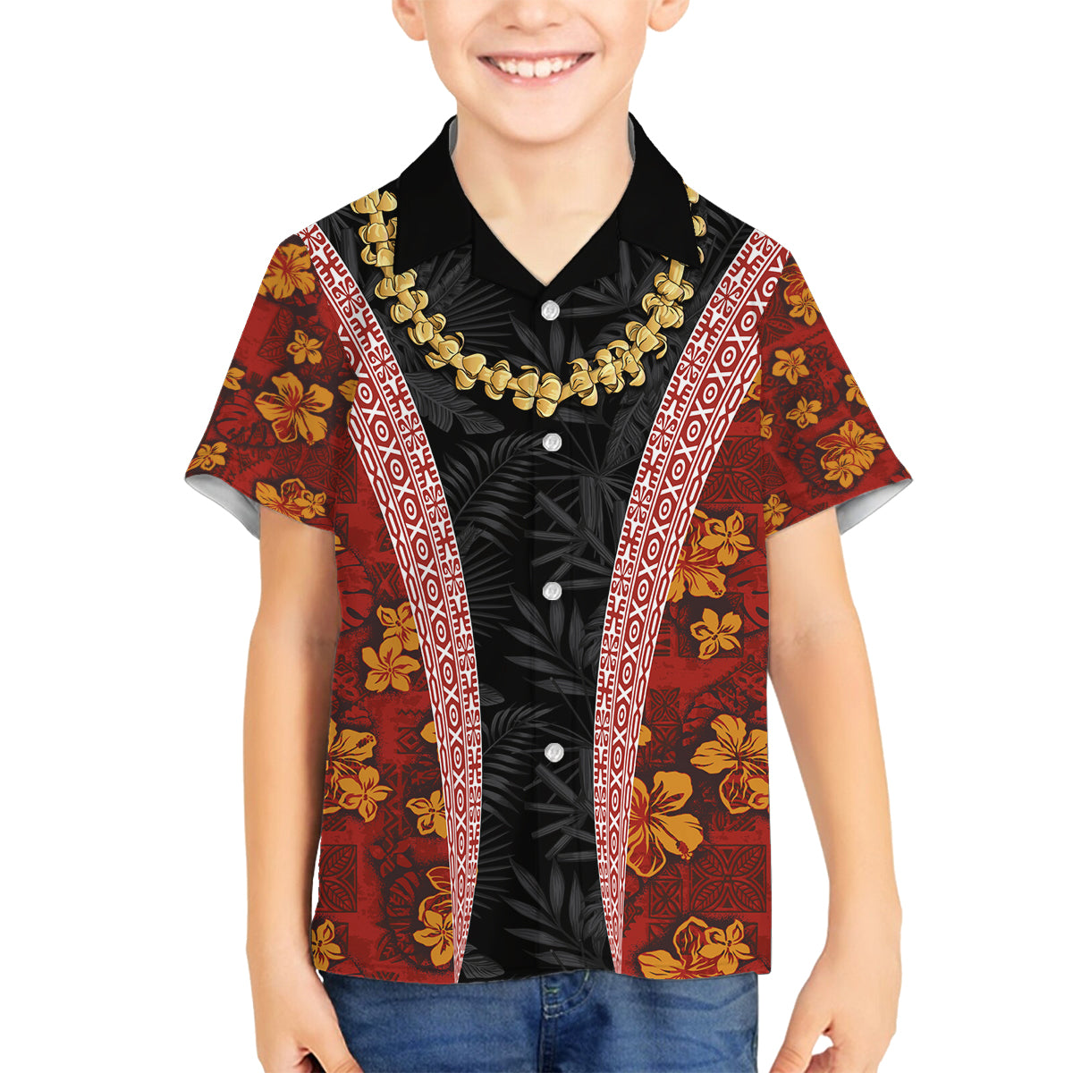 Hawaii Lei and Hibiscus Flowers Tribal Family Matching Summer Maxi Dress and Hawaiian Shirt Patchwork Abstract Vintage LT03 Son's Shirt Red - Polynesian Pride