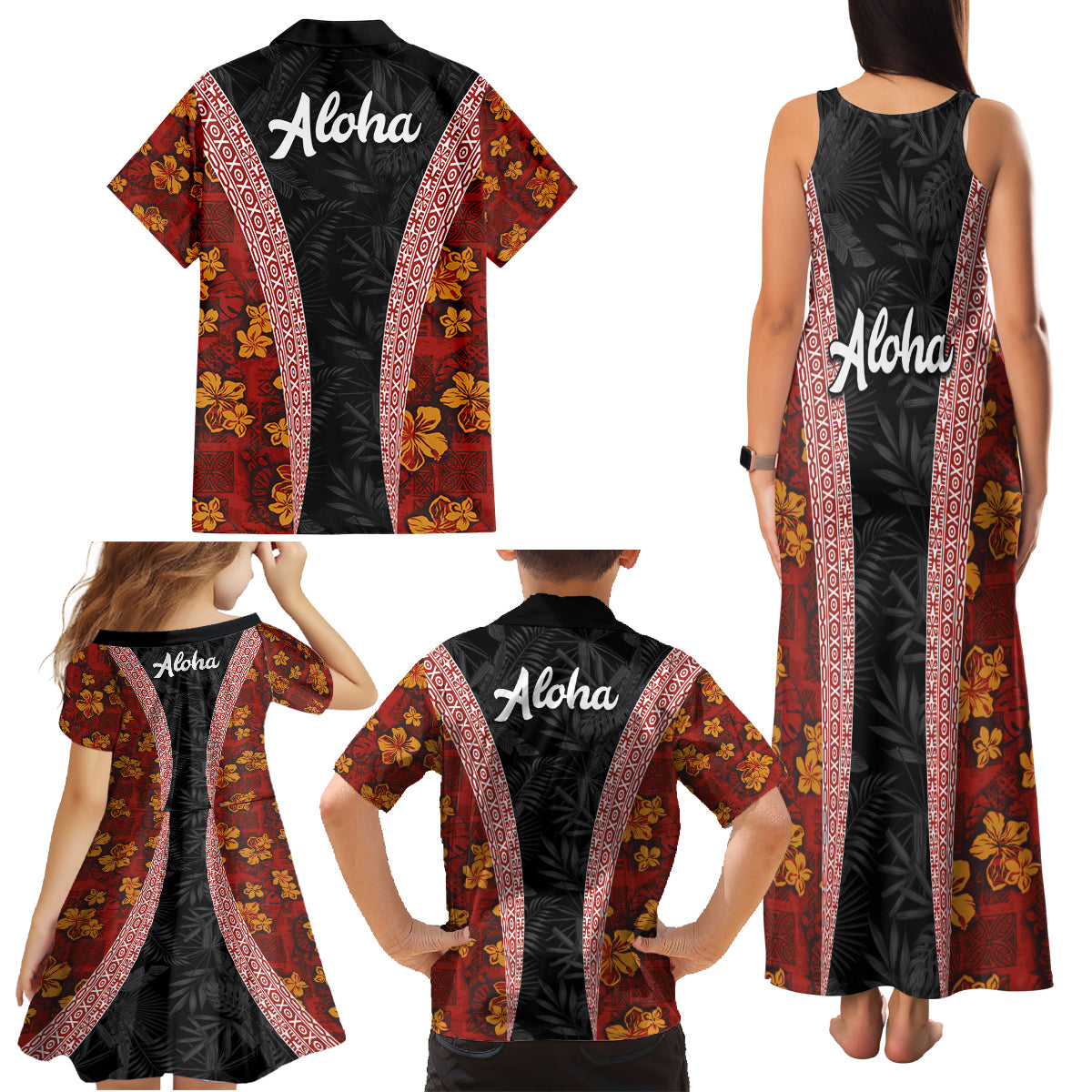 Hawaii Lei and Hibiscus Flowers Tribal Family Matching Tank Maxi Dress and Hawaiian Shirt Patchwork Abstract Vintage LT03 - Polynesian Pride