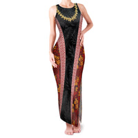 Hawaii Lei and Hibiscus Flowers Tribal Family Matching Tank Maxi Dress and Hawaiian Shirt Patchwork Abstract Vintage LT03 Mom's Dress Red - Polynesian Pride