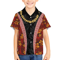 Hawaii Lei and Hibiscus Flowers Tribal Family Matching Tank Maxi Dress and Hawaiian Shirt Patchwork Abstract Vintage LT03 Son's Shirt Red - Polynesian Pride