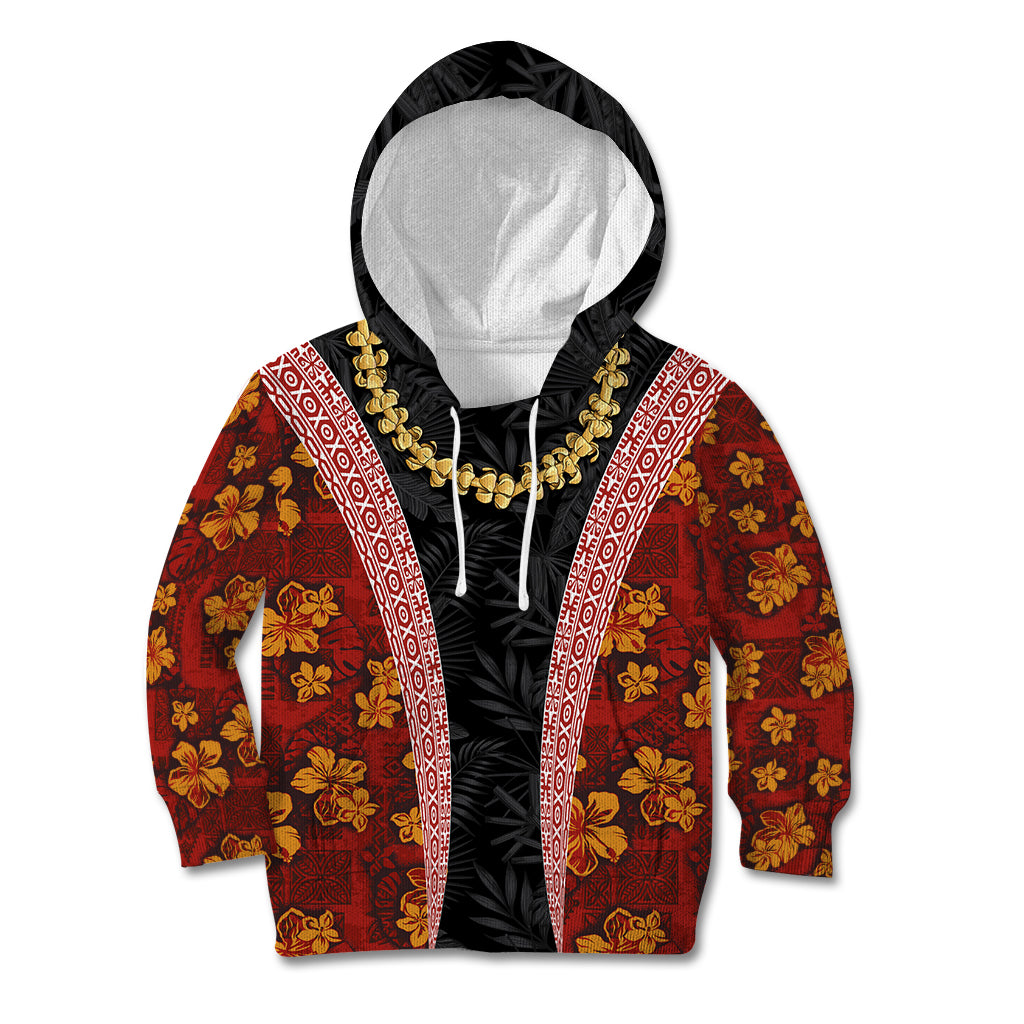 Hawaii Lei and Hibiscus Flowers Tribal Kid Hoodie Patchwork Abstract Vintage LT03 Hoodie Red - Polynesian Pride