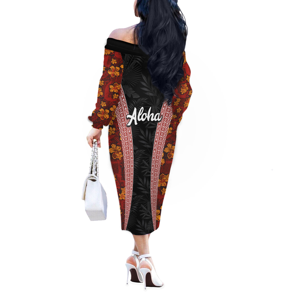 Hawaii Lei and Hibiscus Flowers Tribal Off The Shoulder Long Sleeve Dress Patchwork Abstract Vintage