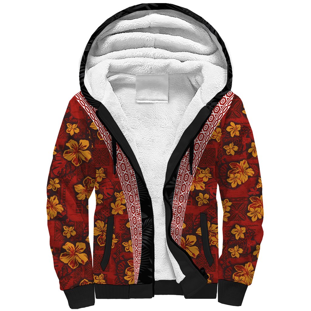 Hawaii Lei and Hibiscus Flowers Tribal Sherpa Hoodie Patchwork Abstract Vintage