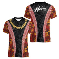 Hawaii Lei and Hibiscus Flowers Tribal Women V Neck T Shirt Patchwork Abstract Vintage