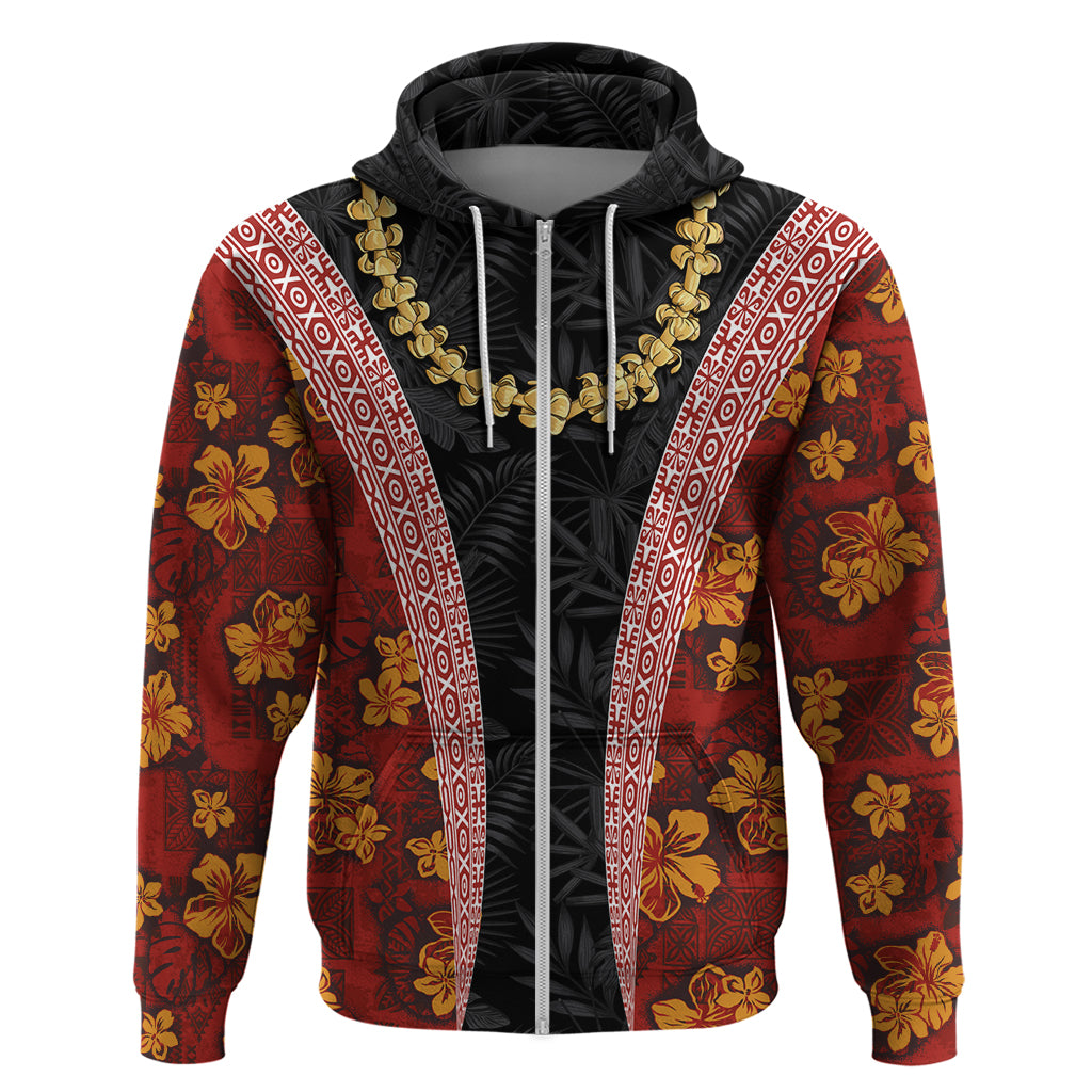 Hawaii Lei and Hibiscus Flowers Tribal Zip Hoodie Patchwork Abstract Vintage LT03 Zip Hoodie Red - Polynesian Pride