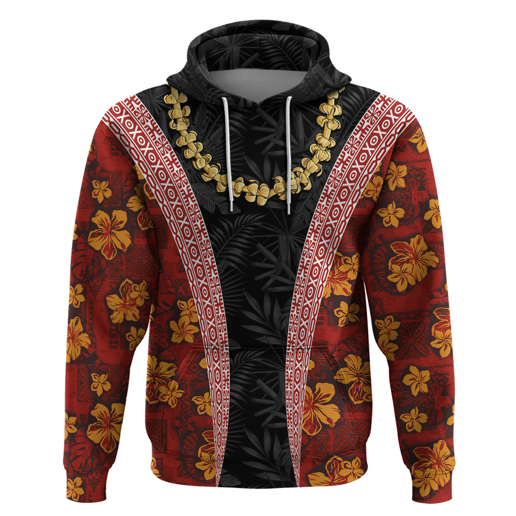 Hawaii Lei and Hibiscus Flowers Tribal Zip Hoodie Patchwork Abstract Vintage LT03 Pullover Hoodie Red - Polynesian Pride