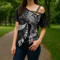 Aotearoa Volleyball Custom Cross Shoulder Shirt Silver Ferns and Maori Tribal Black