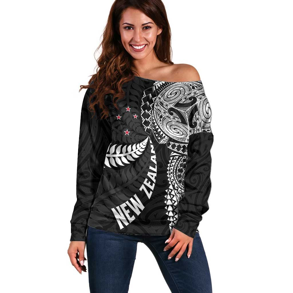 Aotearoa Volleyball Custom Off Shoulder Sweater Silver Ferns and Maori Tribal Black