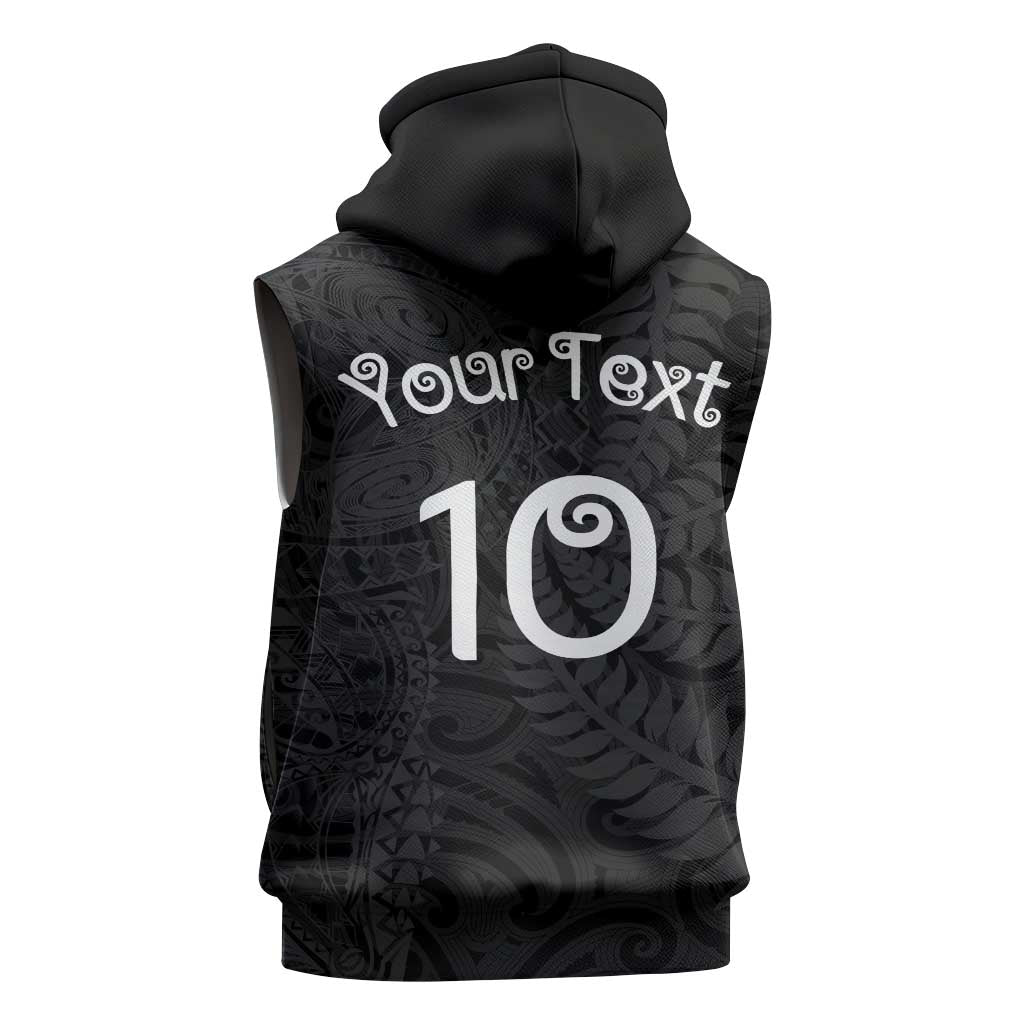 Aotearoa Volleyball Custom Sleeveless Hoodie Silver Ferns and Maori Tribal Black