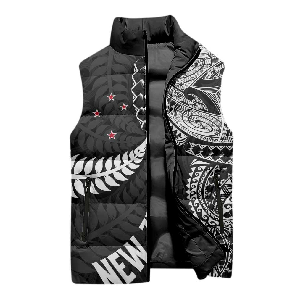 Aotearoa Volleyball Custom Sleeveless Puffer Jacket Silver Ferns and Maori Tribal Black