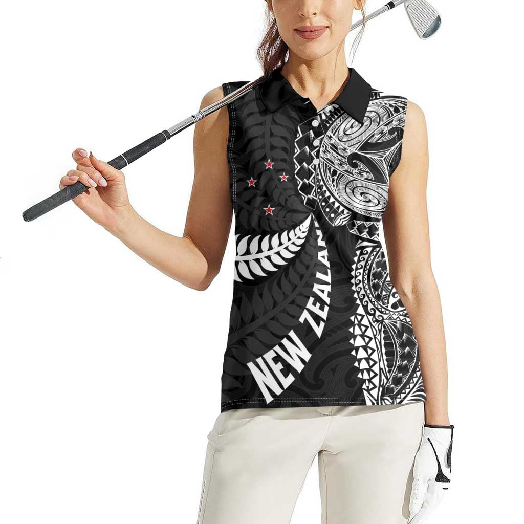 Aotearoa Volleyball Custom Women Sleeveless Polo Shirt Silver Ferns and Maori Tribal Black