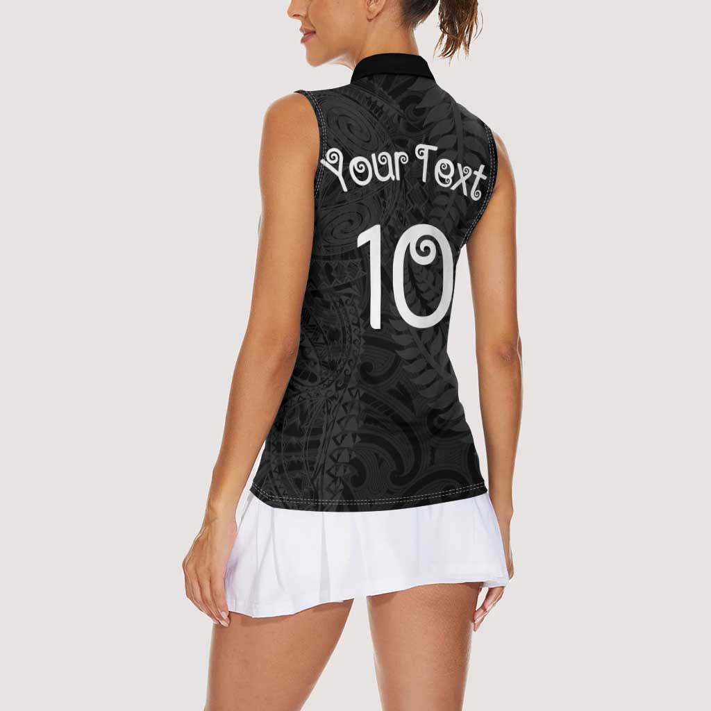 Aotearoa Volleyball Custom Women Sleeveless Polo Shirt Silver Ferns and Maori Tribal Black