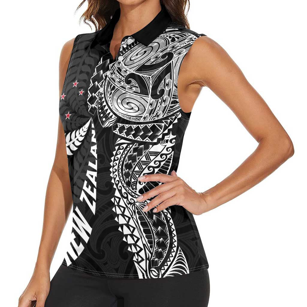 Aotearoa Volleyball Custom Women Sleeveless Polo Shirt Silver Ferns and Maori Tribal Black
