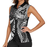 Aotearoa Volleyball Custom Women Sleeveless Polo Shirt Silver Ferns and Maori Tribal Black