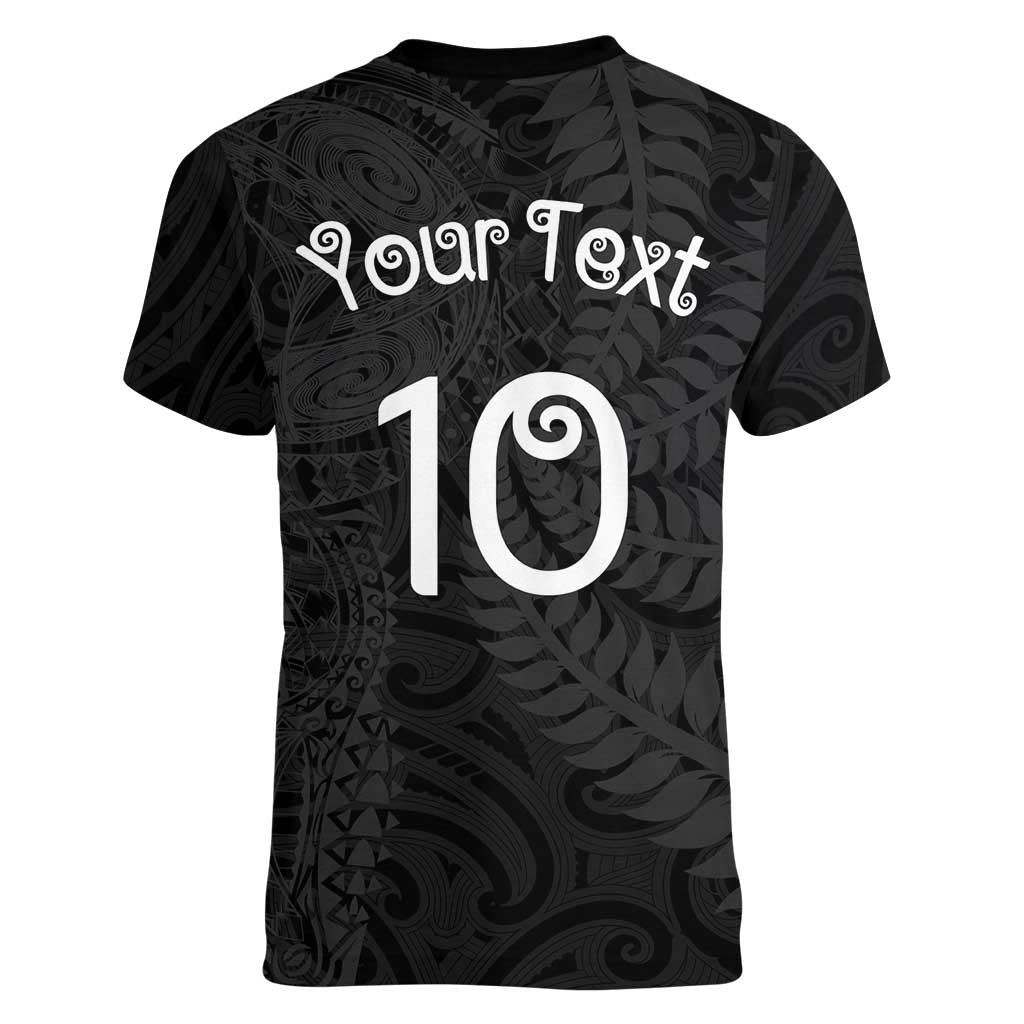 Aotearoa Volleyball Custom Women V-Neck T-Shirt Silver Ferns and Maori Tribal Black