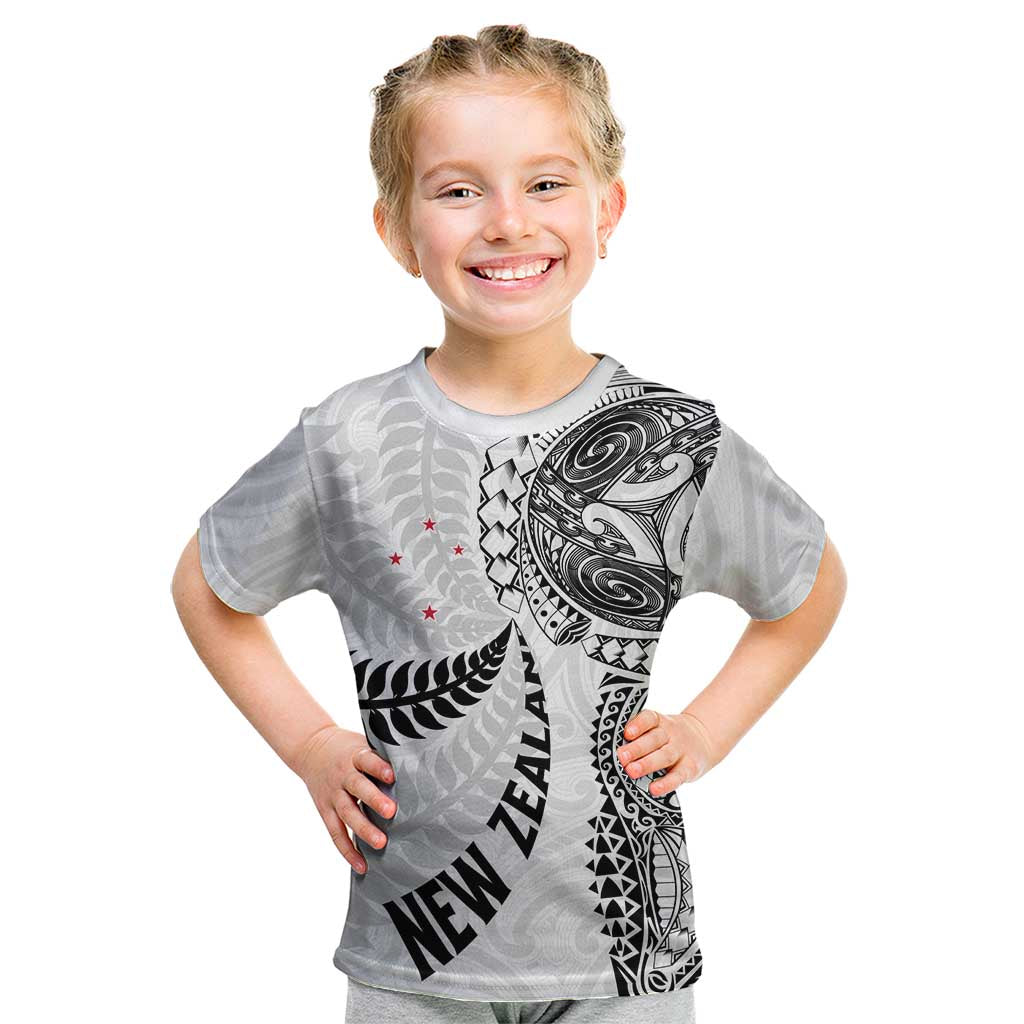 Aotearoa Volleyball Custom Kid T Shirt Silver Ferns and Maori Tribal White