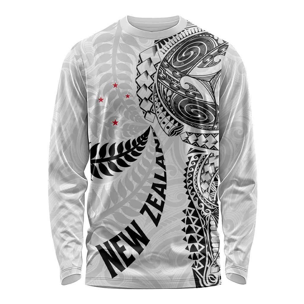 Aotearoa Volleyball Custom Long Sleeve Shirt Silver Ferns and Maori Tribal White LT03 Unisex White - Polynesian Pride