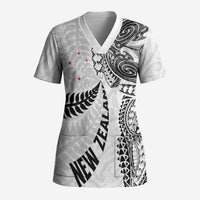 Aotearoa Volleyball Custom Scrub Top Silver Ferns and Maori Tribal White