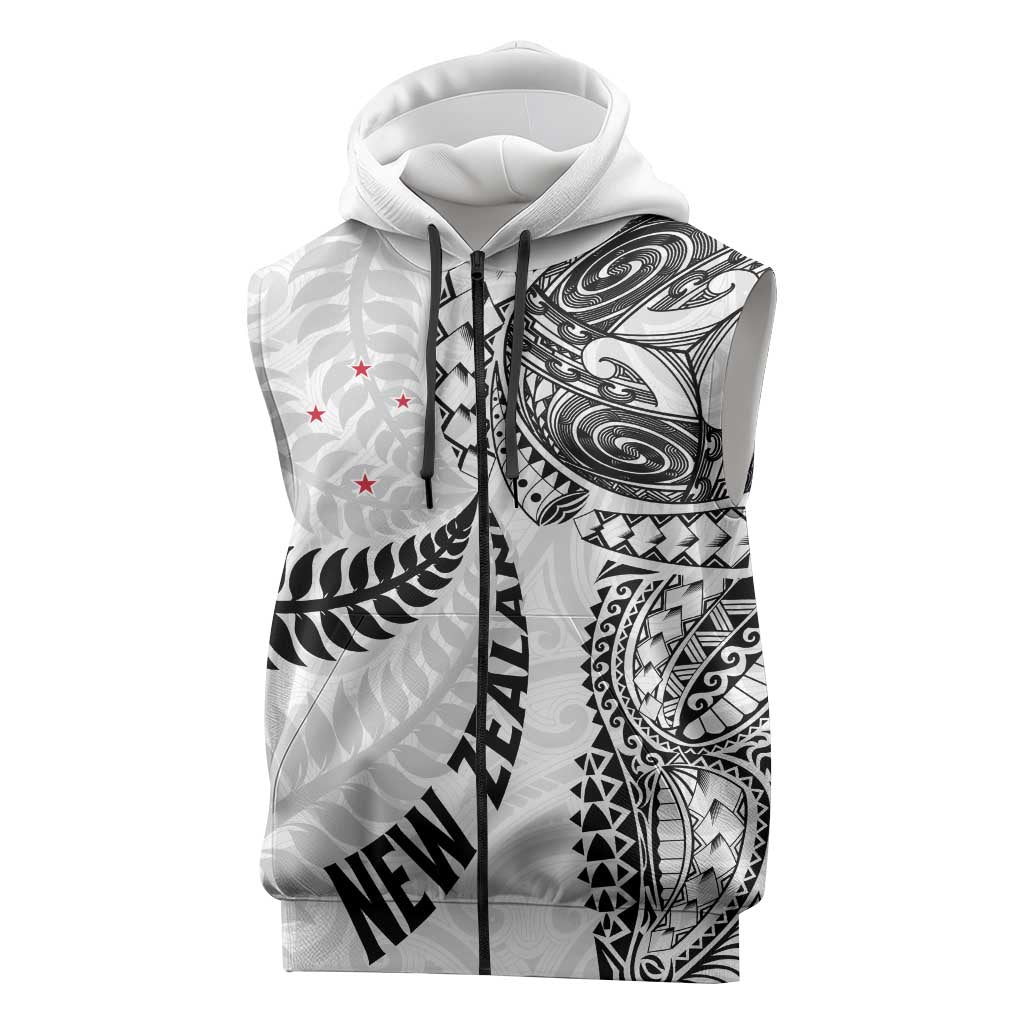 Aotearoa Volleyball Custom Sleeveless Zip Hoodie Silver Ferns and Maori Tribal White LT03 White - Polynesian Pride
