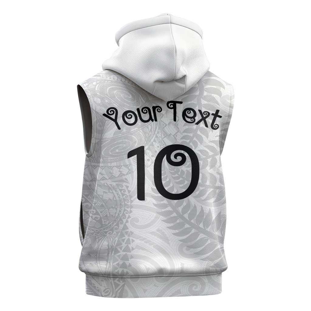 Aotearoa Volleyball Custom Sleeveless Zip Hoodie Silver Ferns and Maori Tribal White