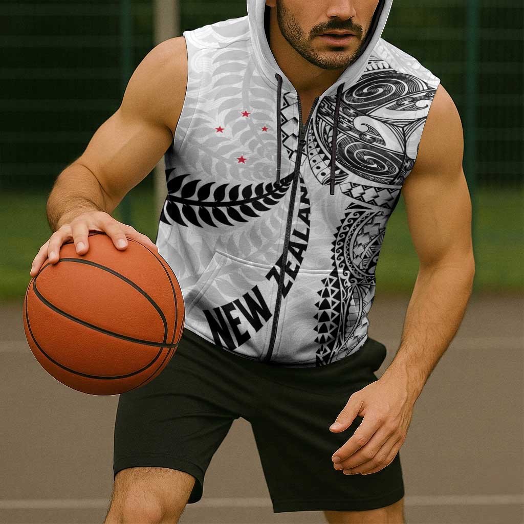 Aotearoa Volleyball Custom Sleeveless Zip Hoodie Silver Ferns and Maori Tribal White