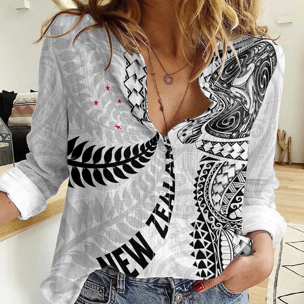 Aotearoa Volleyball Custom Women Casual Shirt Silver Ferns and Maori Tribal White