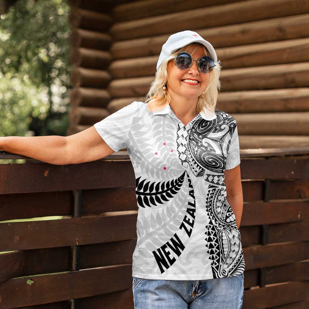 Aotearoa Volleyball Custom Women Polo Shirt Silver Ferns and Maori Tribal White