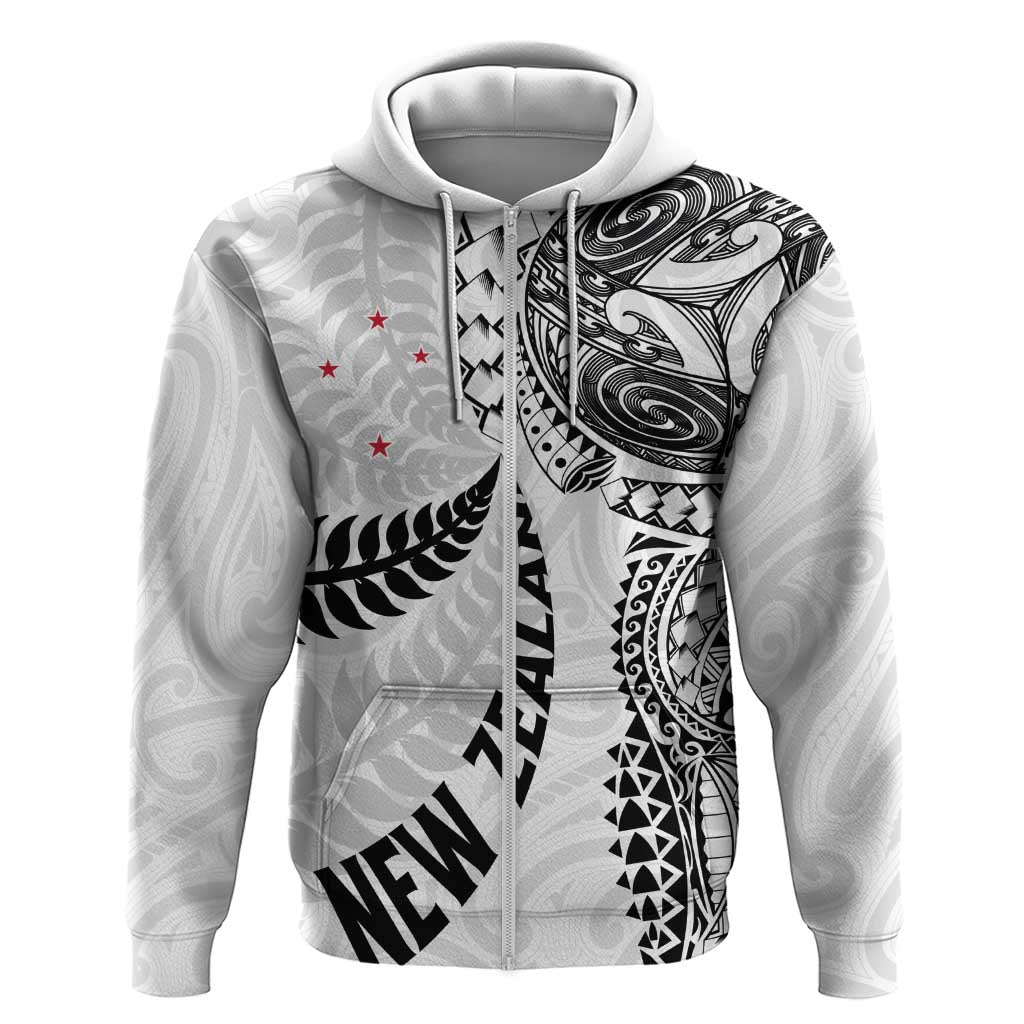 Aotearoa Volleyball Custom Zip Hoodie Silver Ferns and Maori Tribal White