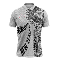 Aotearoa Volleyball Custom Zipper Polo Shirt Silver Ferns and Maori Tribal White