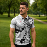 Aotearoa Volleyball Custom Zipper Polo Shirt Silver Ferns and Maori Tribal White