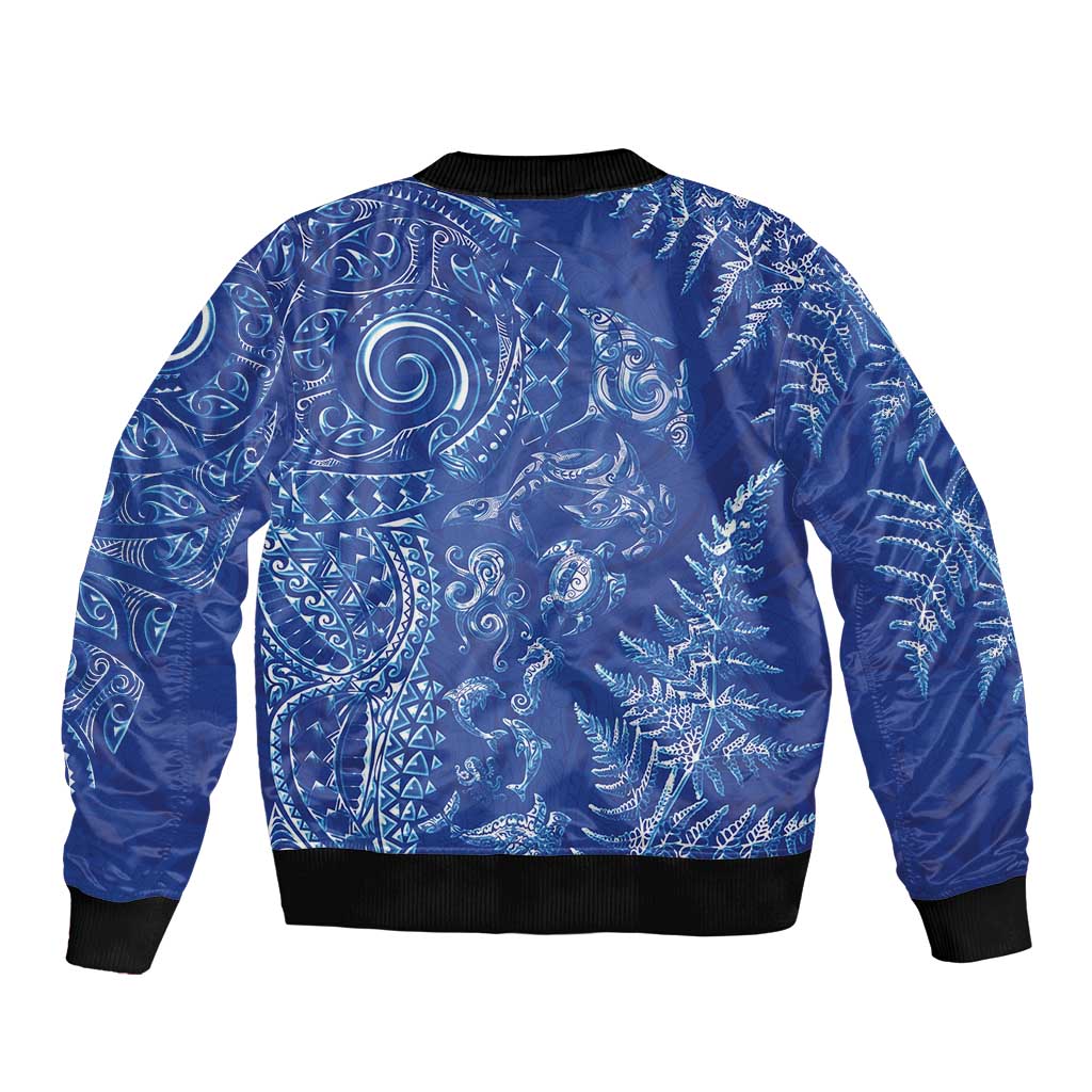 New Zealand Sea Animals Bomber Jacket with Maori Koru Tribal Tattoo and Silver Ferns Aquatic Style