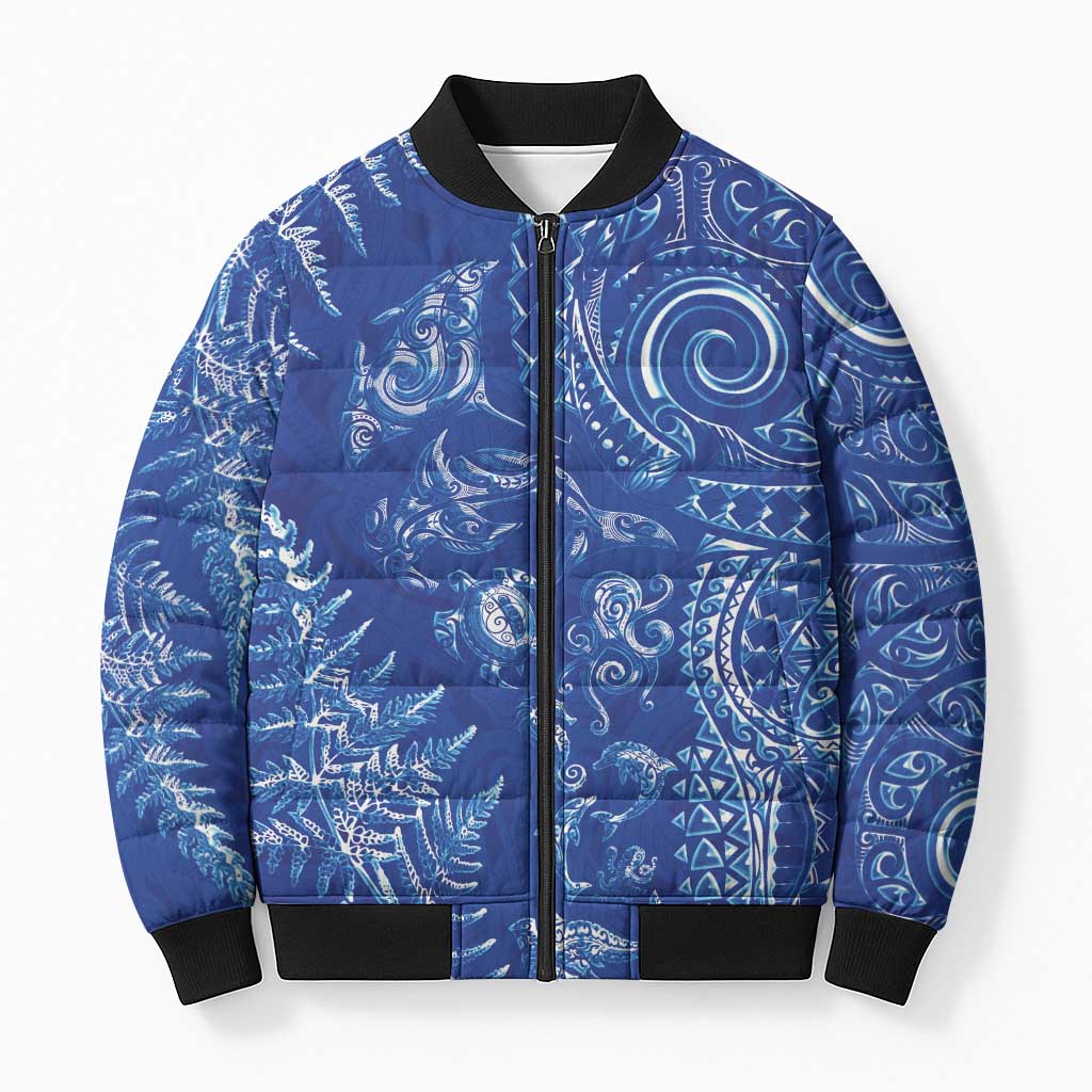 New Zealand Sea Animals Bomber Puffer Jacket with Maori Koru Tribal Tattoo and Silver Ferns Aquatic Style LT03 Unisex Navy - Polynesian Pride