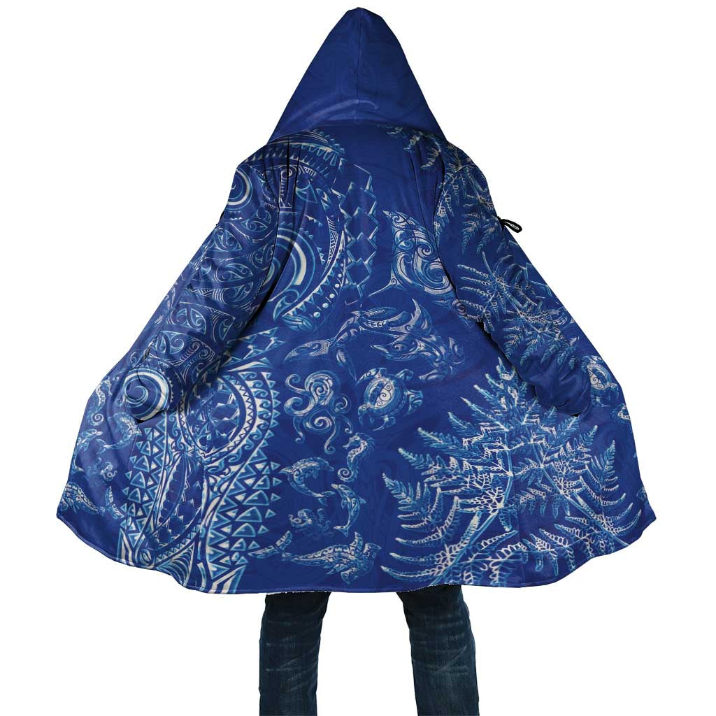 New Zealand Sea Animals Cloak with Maori Koru Tribal Tattoo and Silver Ferns Aquatic Style LT03 Unisex Navy - Polynesian Pride